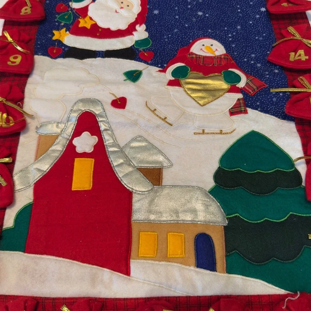 Christmas Advent Calendar Felt‎ Wall Hanging Santa Snowman 24 Drawstring Pockets